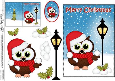 Christmas Cute Little Hoot Owl Lamp Post 5x7 3D Decoupage