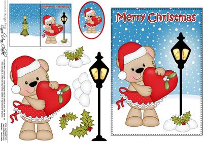 Christmas Cute Livvy Bear Heart Lamp Post 5x7 3D Decoupage