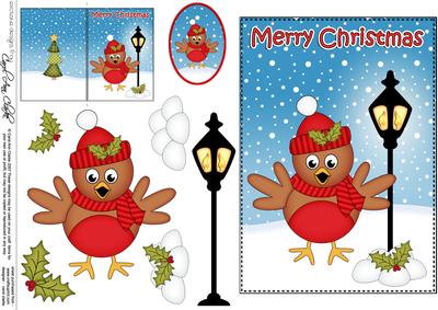 Christmas Cute Little Robin Lamp Post 5x7 3D Decoupage