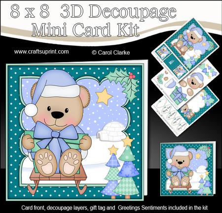 8x8 Xmas Sledging Livvy Bear Mini Kit 3D Decoupage