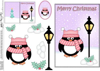 Christmas Wrapped Up Warm Penguin Lamp Post 5x7 3D Decoupage
