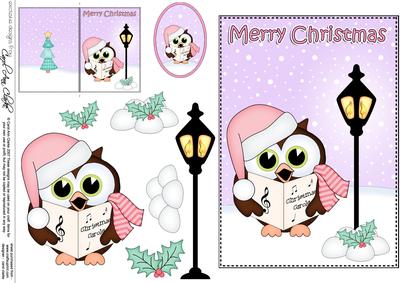 Christmas Carol Singing Hoot Owl Lamp Post 5x7 3D Decoupage