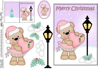 Christmas Cute Livvy Bear Heart Lamp Post 5x7 3D Decoupage