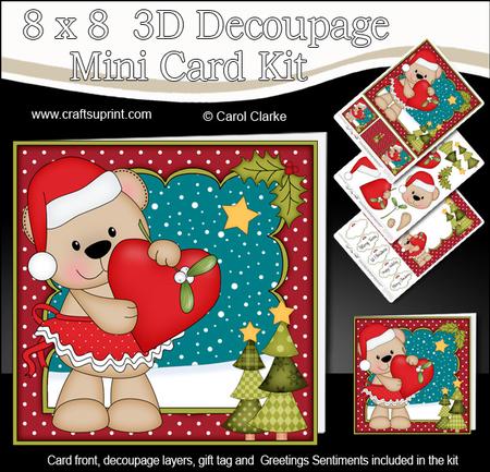 8x8 Xmas Livvy Bear Love Heart Mini Kit 3D Decoupage