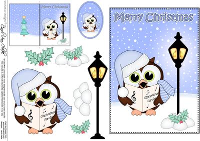 Christmas Carol Singing Hoot Owl Lamp Post 5x7 3D Decoupage