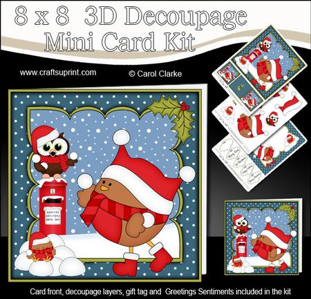 8x8 Xmas Bobbin Robin Snowball Fight Mini Kit 3D Decoupage