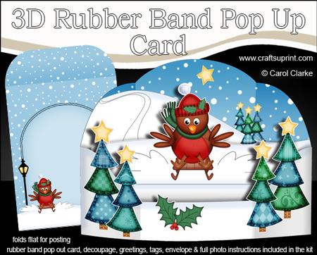 3D Xmas Sledging Robin Rubber Band Pop Up Card