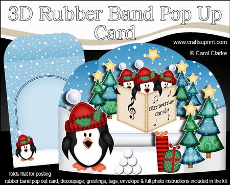 3D Xmas Penguins Rubber Band Pop Up Card