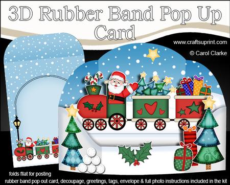 3D Xmas Santa Express Train Rubber Band Pop Up Card