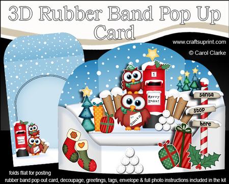 3D Xmas Hoot & Little Hoot Owls Rubber Band Pop Up Card