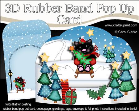 3D Xmas Sledging Little Cat Rubber Band Pop Up Scene Card