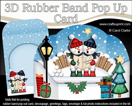 3D Xmas Carol Singing Snowmen Rubber Band Pop Up Scene Card