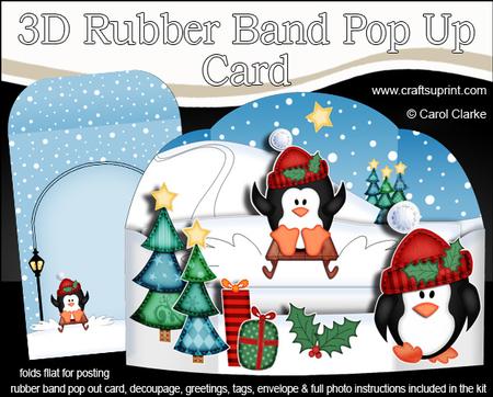 3D Xmas Cute Sledging Penguin Rubber Band Pop Up Scene Card