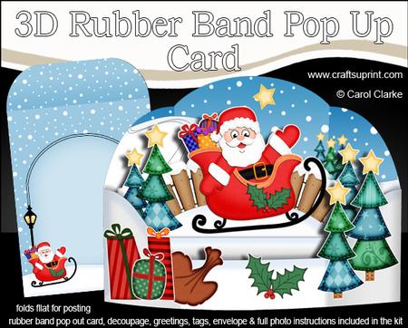 3D Xmas Santa Sleigh Rubber Band Pop Up Scene Card