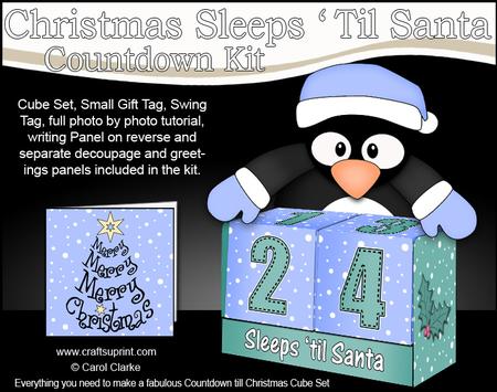 3D Penguin Sleeps 'til Santa Countdown Cube Set 3D Decoupage