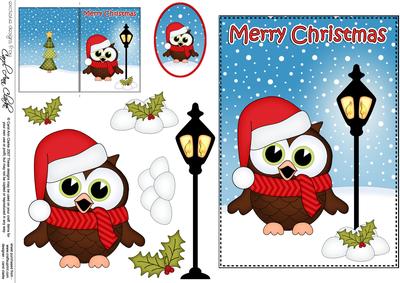 Christmas Cute Little Hoot Owl Lamp Post 5x7 3D Decoupage