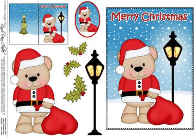 Christmas Livvy Bear Santa Sack Lamp Post 5x7 3D Decoupage
