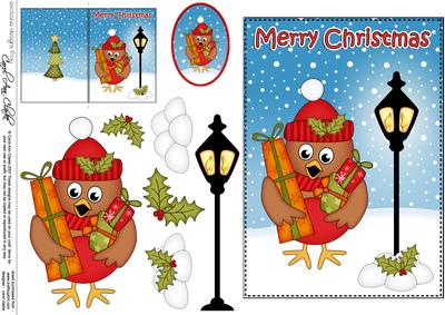Christmas Cute Robin Presents Lamp Post 5x7 3D Decoupage