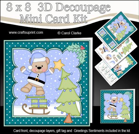 8x8 Xmas Livvy Bear Dressing the Tree Mini Kit 3D Decoupage