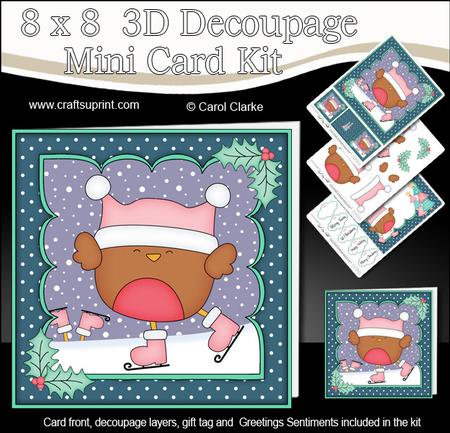 8x8 Xmas Skating Bobbin Robin Mini Kit 3D Decoupage