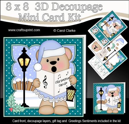 8x8 Xmas Carol Singing Livvy Bear Mini Kit 3D Decoupage