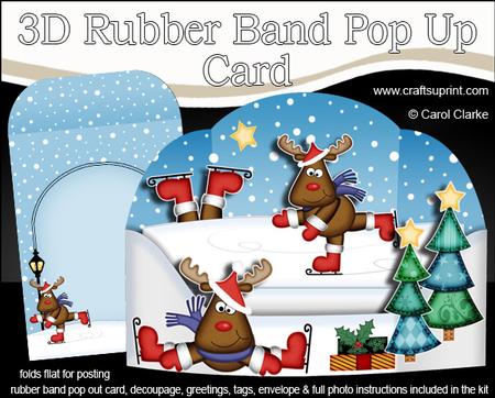3D Xmas Skating Rudolph Rubber Band Pop Up Scene Card