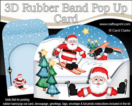 3D Xmas Winter Sports Santa Rubber Band Pop Up Scene Card