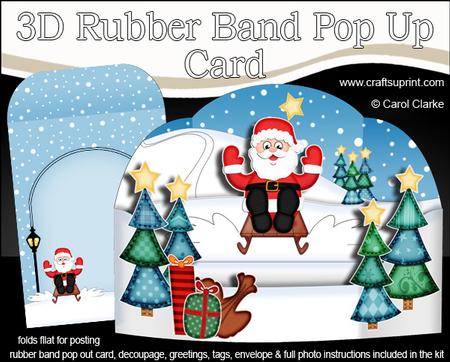 3D Xmas Sledging Santa Rubber Band Pop Up Scene Card