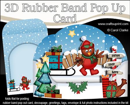 3D Xmas Robin Sledge Rubber Band Pop Up Scene Card