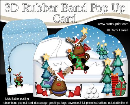 3D Xmas Sledging Rudolph Rubber Band Pop Up Scene Card