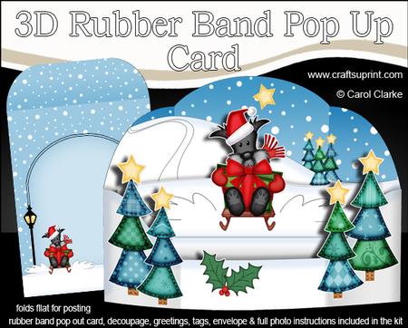 3D Xmas Sledging Scottie Dog Rubber Band Pop Up Scene Card