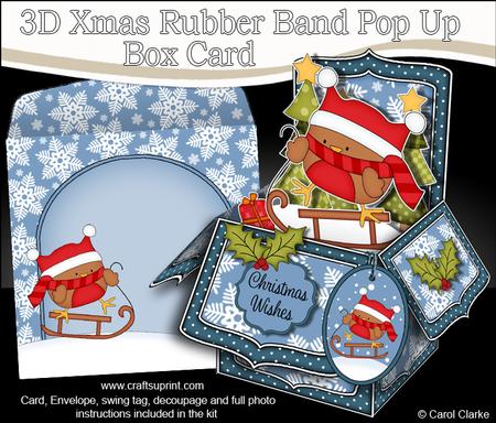 3D Xmas Sledging Bobbin Robin Rubber Band Pop Up Box Card