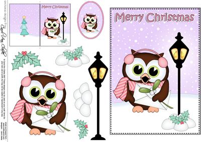 Christmas Cute Little Hoot Owl Lamp Post 5x7 3D Decoupage