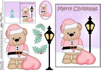 Christmas Livvy Bear Santa Sack Lamp Post 5x7 3D Decoupage