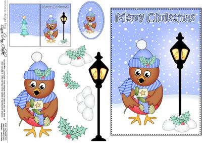 Christmas Cute Little Robin Lamp Post 5x7 3D Decoupage