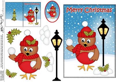 Christmas Cute Little Robin Lamp Post 5x7 3D Decoupage