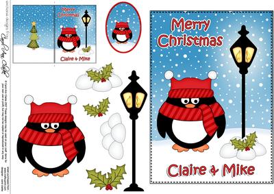 Xmas Claire & Mike Pip Penguin 5x7 3D Decoupage