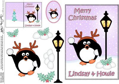 Xmas Lindsay & Howie Pip Penguin 5x7 3D Decoupage