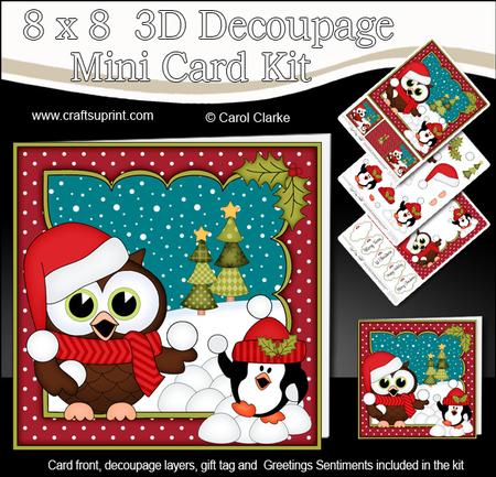 8x8 Xmas Little Hoot Owl Snowball Fight 3D Decoupage