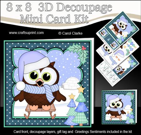 8x8 Xmas Sledging Little Hoot Owl 3D Decoupage