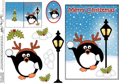 Christmas Snowballing Pip Penguin Lamp Post 5x7 3D Decoupage