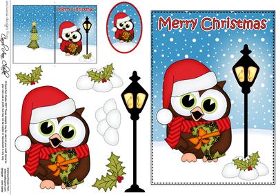 Christmas Cute Little Hoot Owl Lamp Post 5x7 3D Decoupage