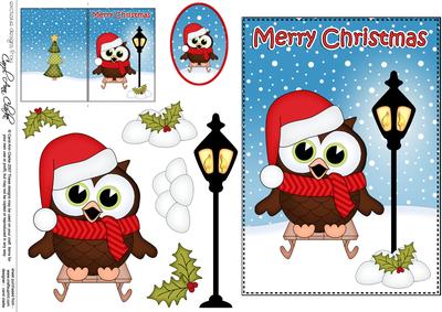 Christmas Cute Little Hoot Owl Lamp Post 5x7 3D Decoupage