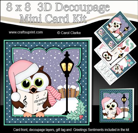 8x8 Xmas Carol Singing Little Hoot Owl 3D Decoupage