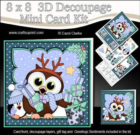 8x8 Xmas Little Hoot Owl & Friends Presents 3D Decoupage