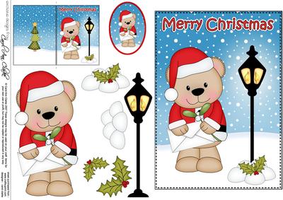 Christmas Livvy Bear Lamp Post 5x7 3D Decoupage