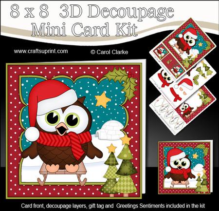 8x8 Xmas Sledging Little Hoot Owl 3D Decoupage