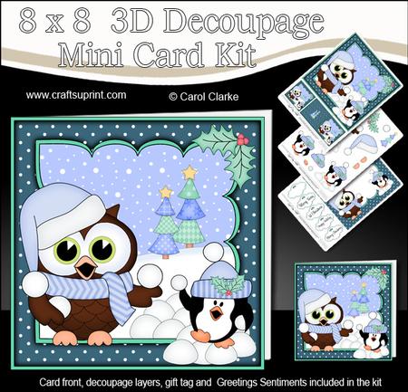 8x8 Xmas Little Hoot Owl Snowball Fight 3D Decoupage