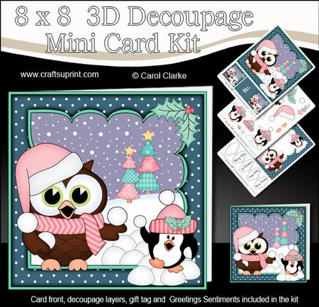 8x8 Xmas Little Hoot Owl Snowball Fight 3D Decoupage