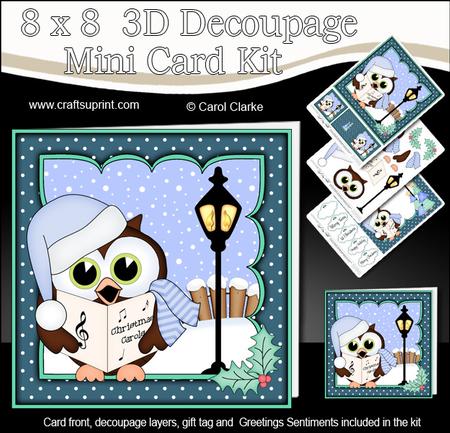 8x8 Xmas Carol Singing Little Hoot Owl 3D Decoupage